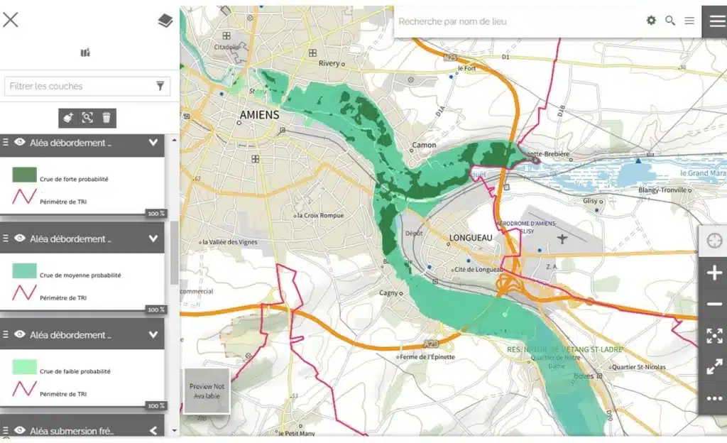 Carte inondation possible sur la ville d'Amiens