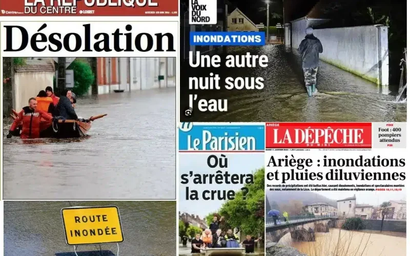 différente une de journaux sur les inondations